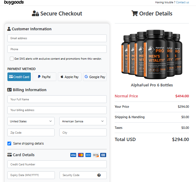 AlphaFuel Pro secure checkout page
